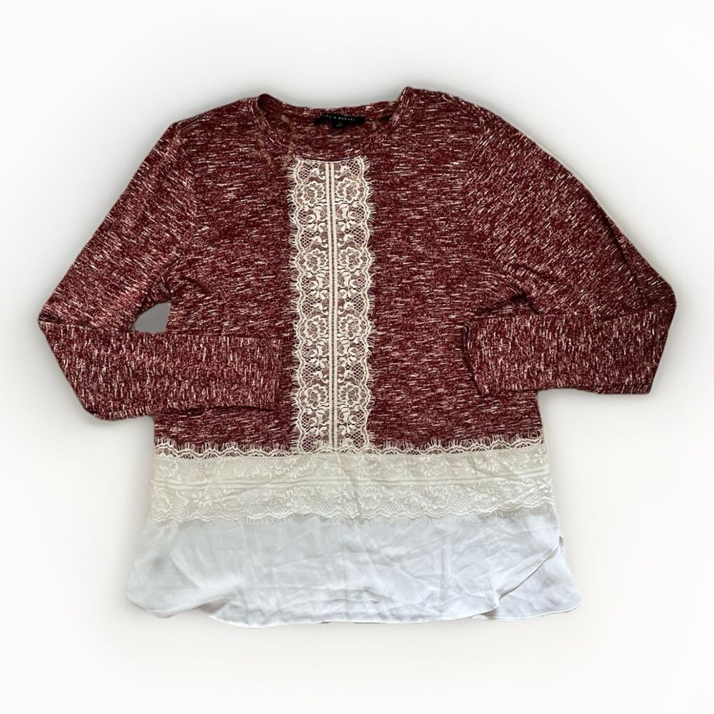 Zac & Rachel Women’s Size Large Burgundy White Lace Blouse Lightweight Classy
